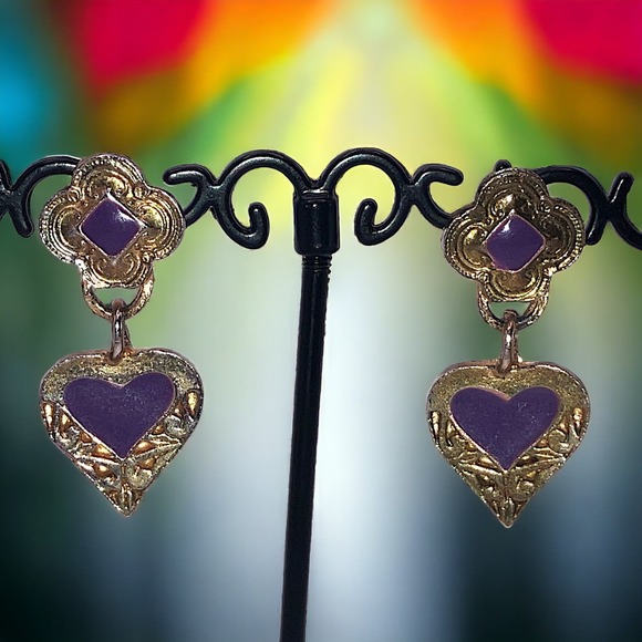 Purple & Gold-Tone Art Nouveau Heart Dangle Earrings Vintage! - Picture 1 of 10